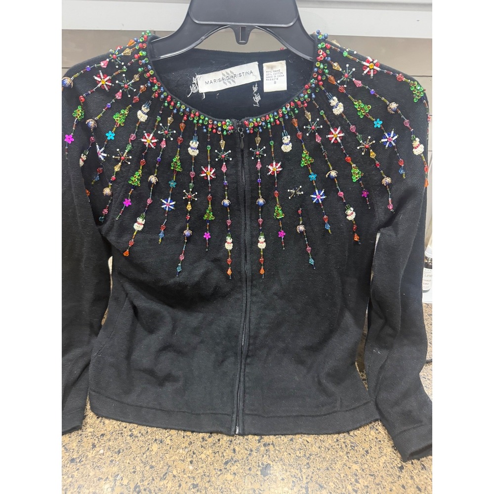 vtg marisa christina black embellished beaded sweater zip front small‎
